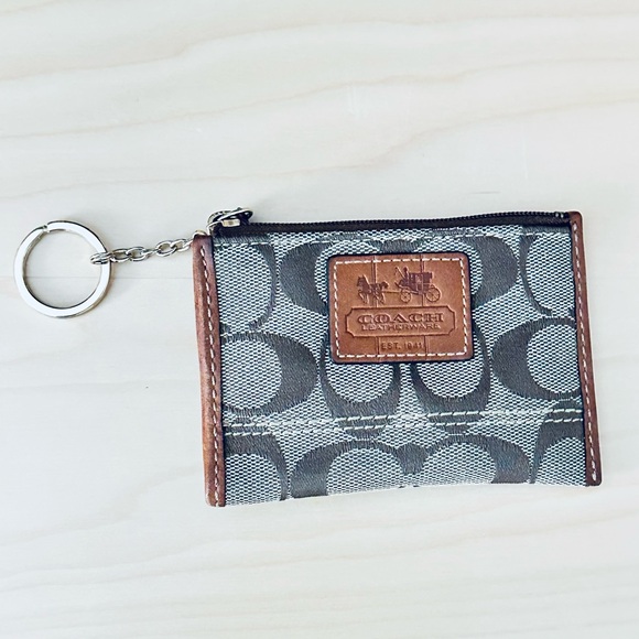 Coach Accessories - Coach Tan Signature Canvas with Leather Mini Zip Coin Card Case W/ Key Ring
